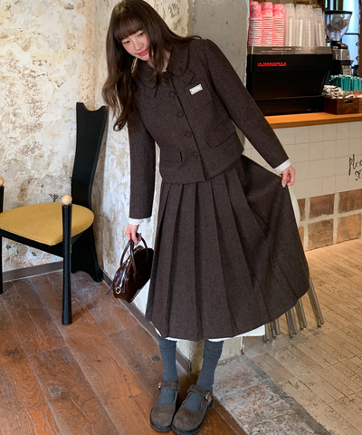 レースレイヤード袖ジャケット＋ボックスプリーツスカート 2点セット