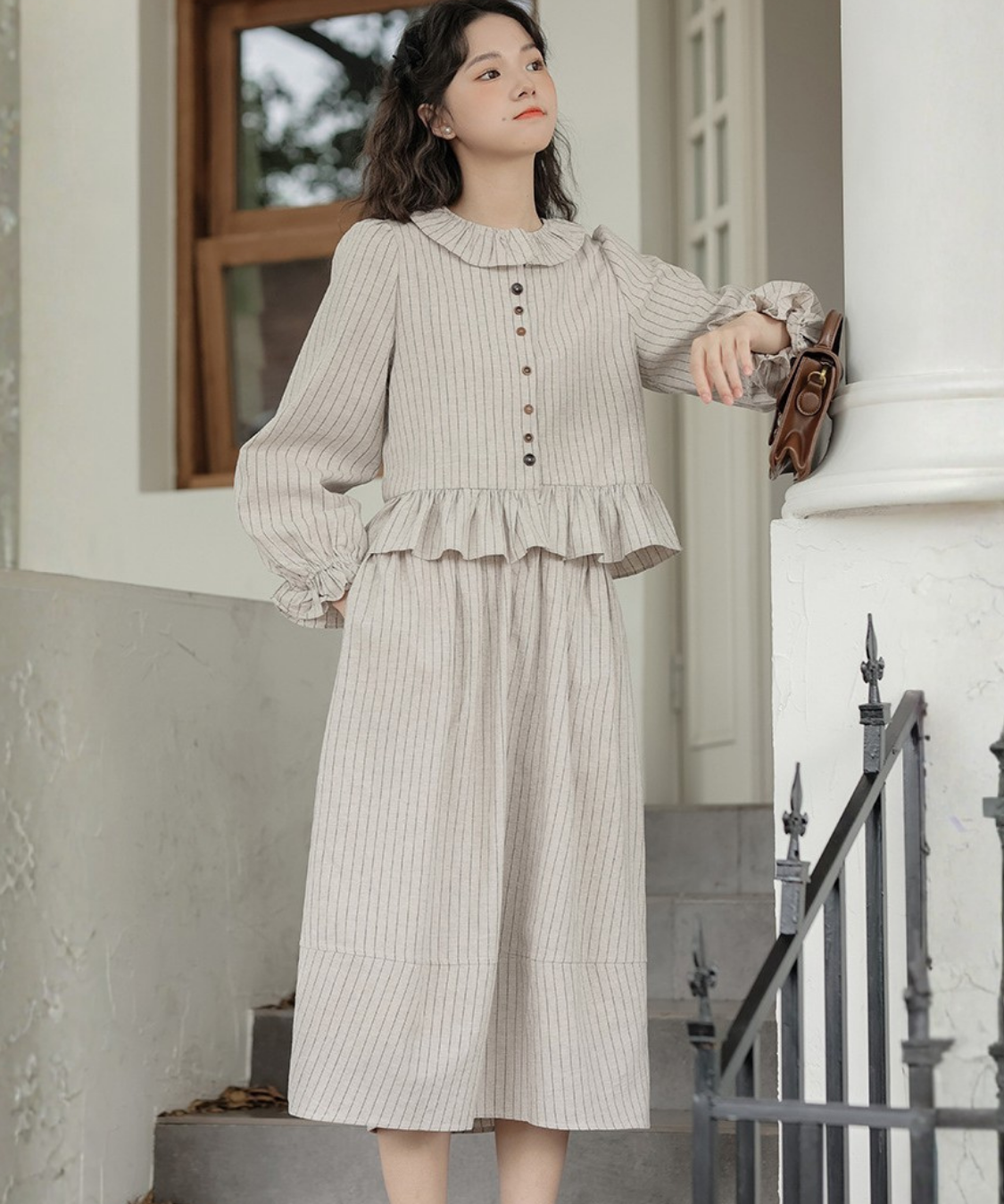 フリル襟ペプラムブラウス＋ストライプフレアスカート 2点セット