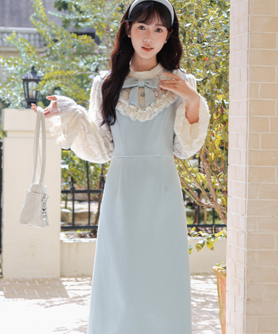 フリルリボンレーススリーブワンピース
