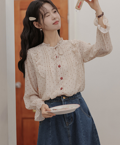 ドット柄フリルリボンブラウス
