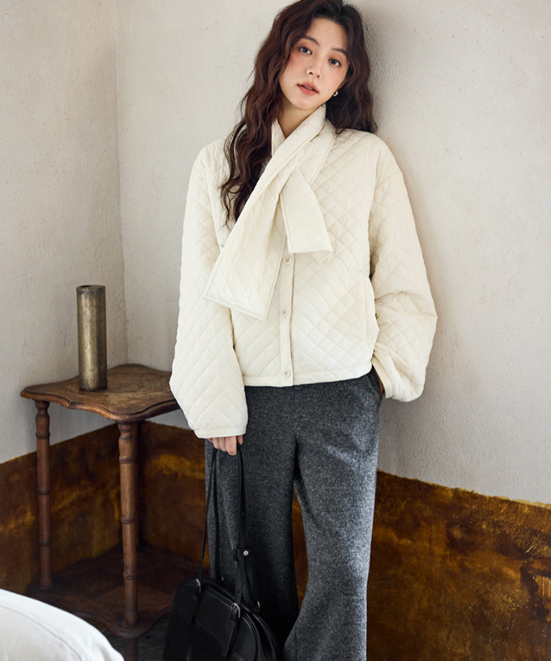 マフラー付きダイヤキルティングジャケット