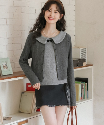 丸襟リボンノースリーブ＋カーディガン 2点セット