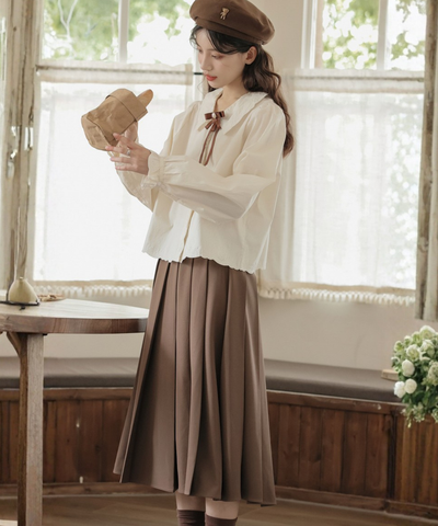 スカラップレース刺繍襟パールリボンタイブラウス