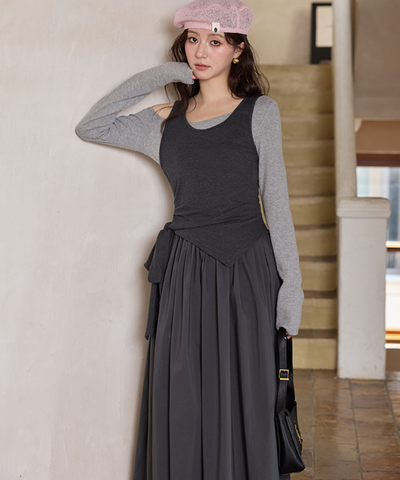 アシンメトリーノースリーブ＋ワンショルダー風ワンピース2点セット