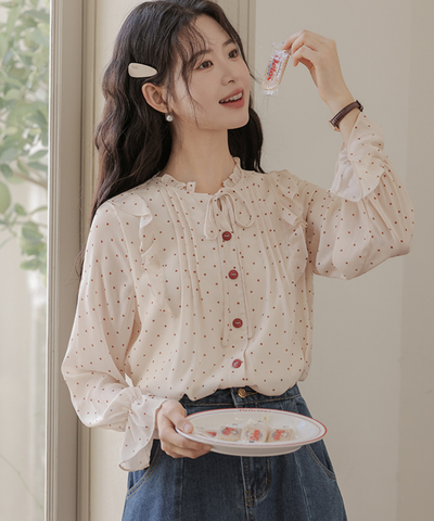 ドット柄フリルリボンブラウス