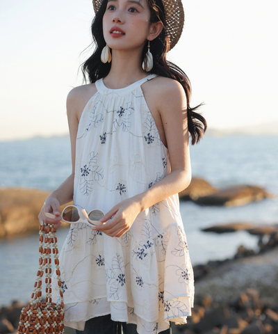 ボタニカル刺繍段切替フレアブラウス