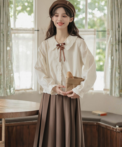 スカラップレース刺繍襟パールリボンタイブラウス