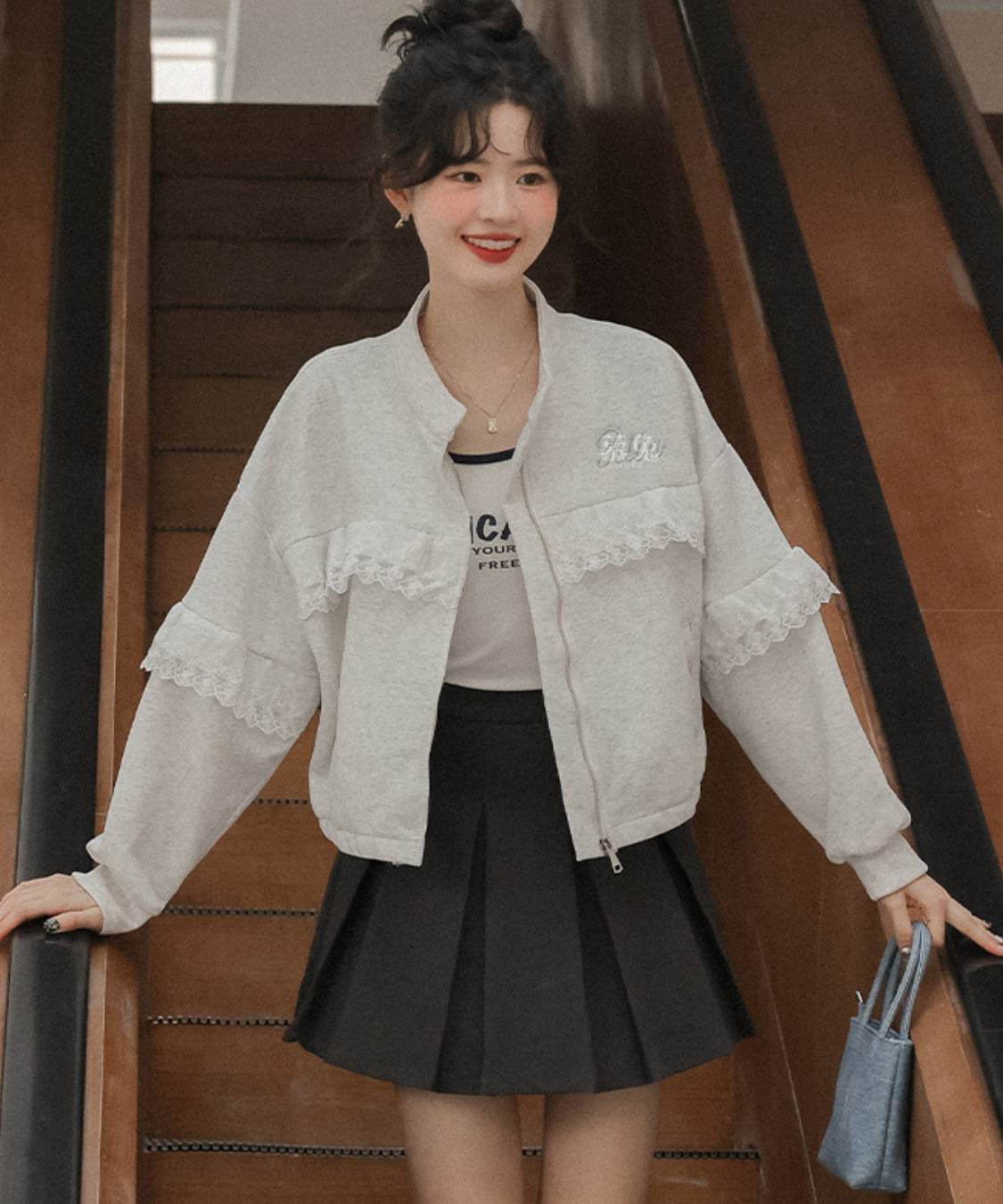 スタンドカラーレーススウェットジャケット
