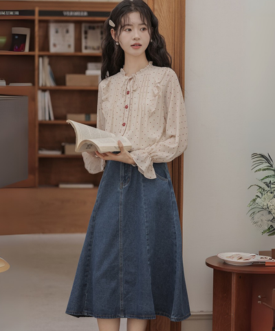 ドット柄フリルリボンブラウス