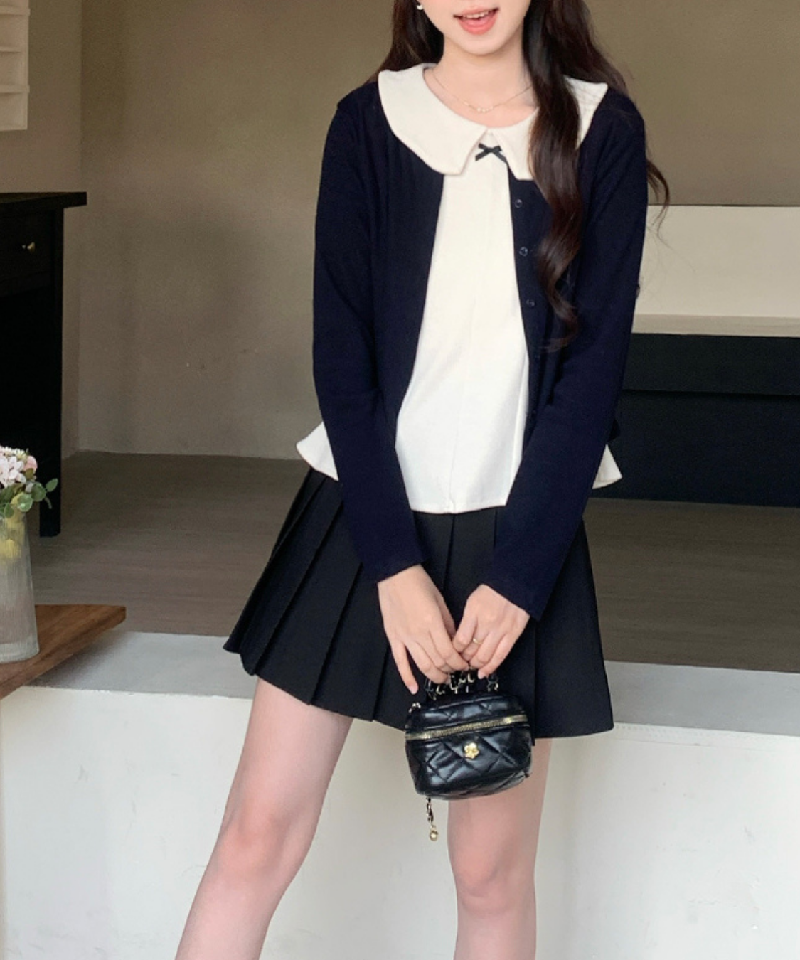 丸襟リボンノースリーブ＋カーディガン 2点セット