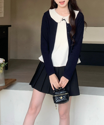 丸襟リボンノースリーブ＋カーディガン 2点セット