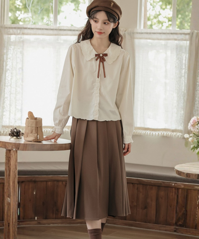 スカラップレース刺繍襟パールリボンタイブラウス