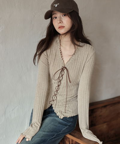 フロントレースアップリブメロウカットソー