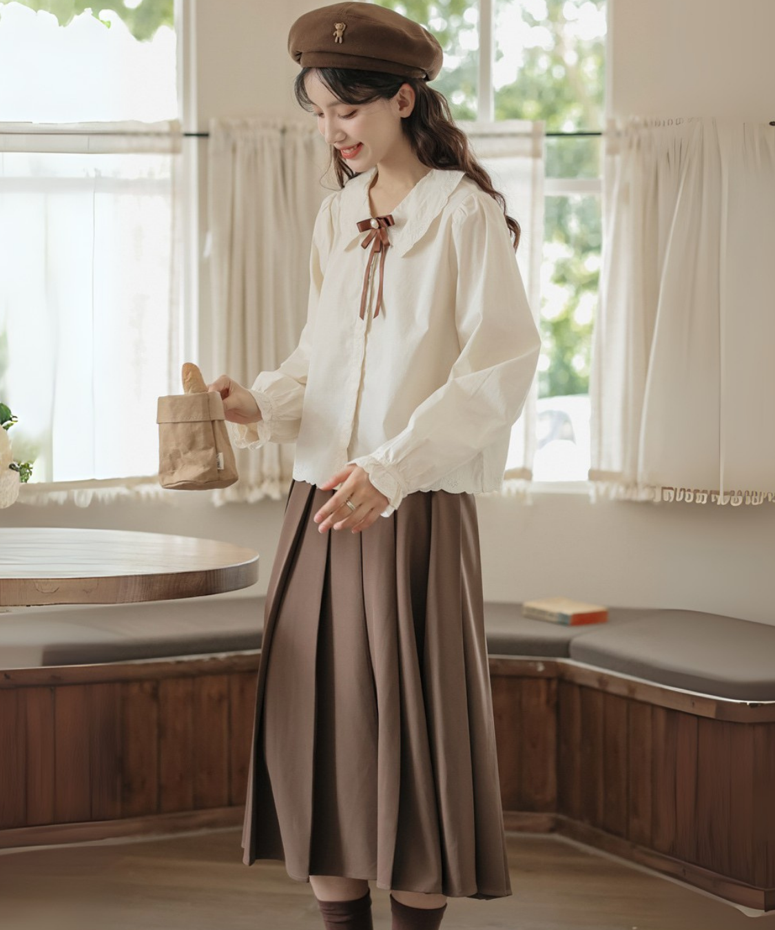 スカラップレース刺繍襟パールリボンタイブラウス