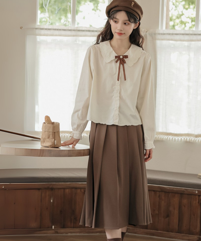 スカラップレース刺繍襟パールリボンタイブラウス