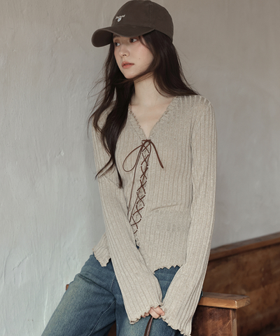 フロントレースアップリブメロウカットソー