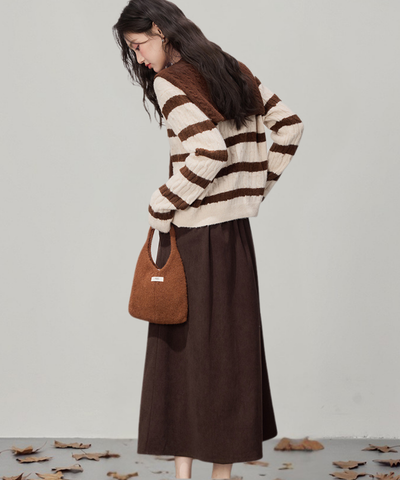 肩掛け風ショール付きボーダー柄ケーブル編みカーディガン