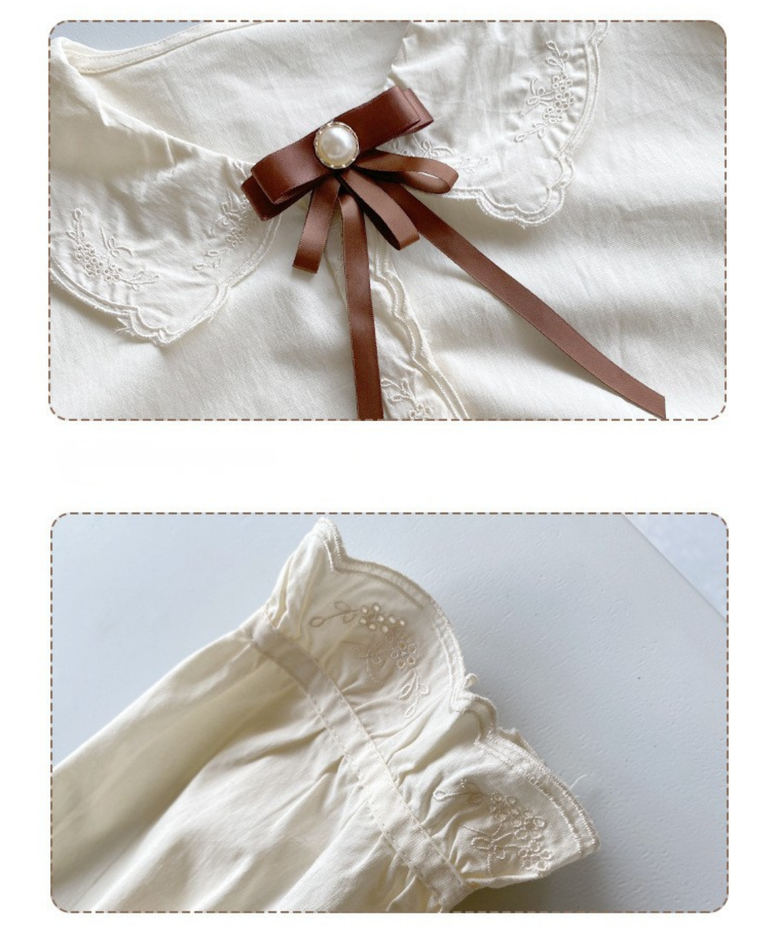 スカラップレース刺繍襟パールリボンタイブラウス