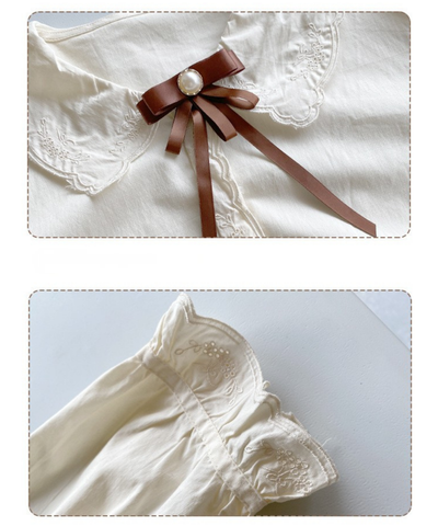 スカラップレース刺繍襟パールリボンタイブラウス