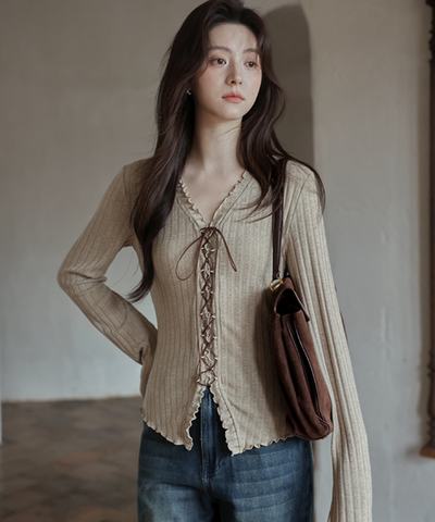 フロントレースアップリブメロウカットソー