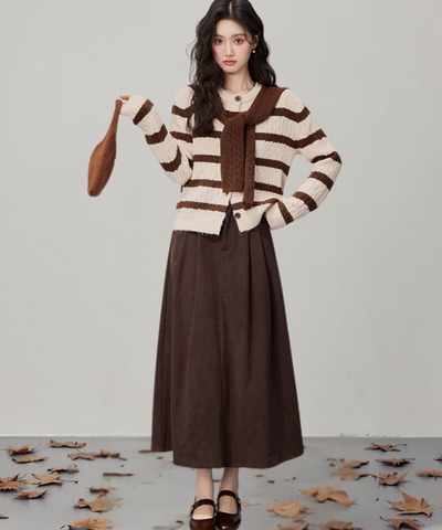 肩掛け風ショール付きボーダー柄ケーブル編みカーディガン