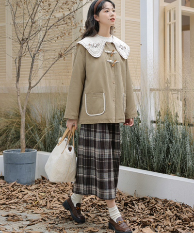 配色パイピングポケット付き刺繍ビッグカラージャケット