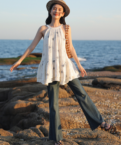 ボタニカル刺繍段切替フレアブラウス