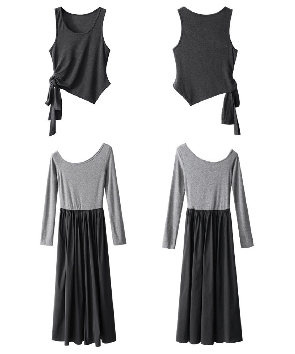 アシンメトリーノースリーブ＋ワンショルダー風ワンピース2点セット