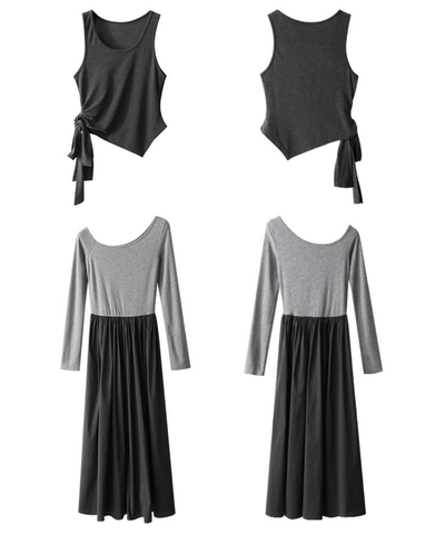 アシンメトリーノースリーブ＋ワンショルダー風ワンピース2点セット