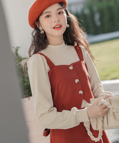 肩紐付きビスチェ風フェイクレイヤードワンピース