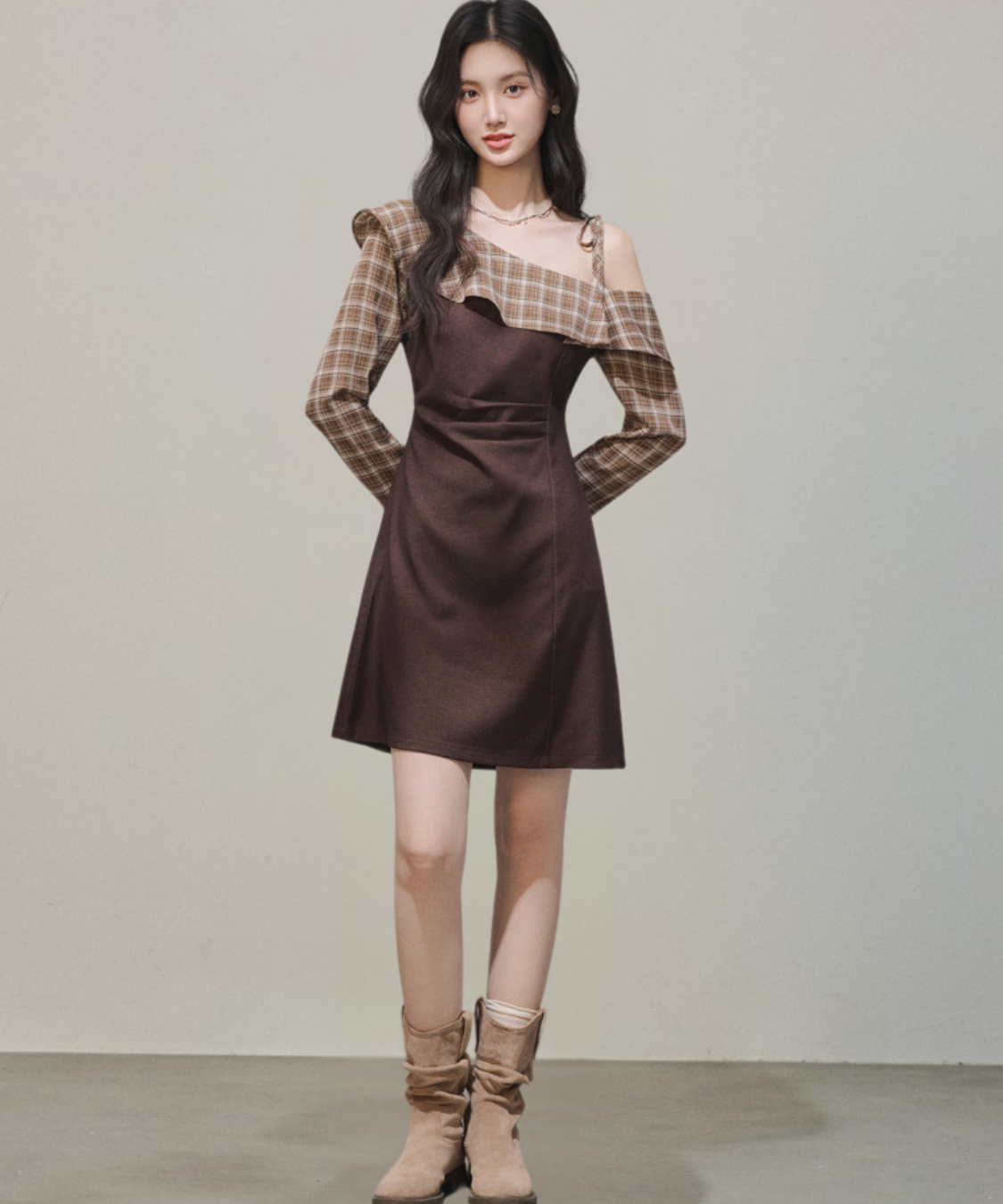 ワンショルダーチェック柄フリルワンピース