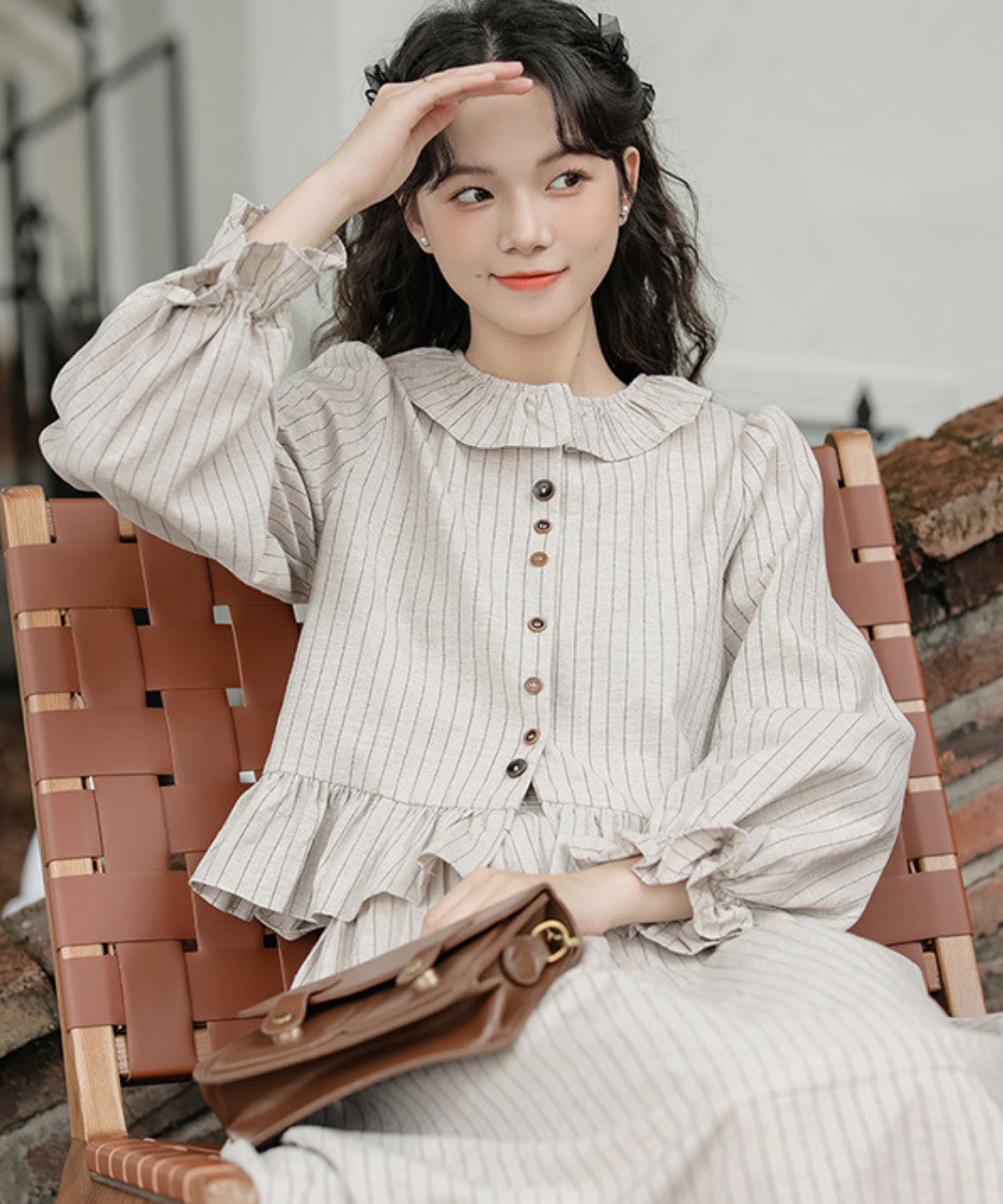 フリル襟ペプラムブラウス＋ストライプフレアスカート 2点セット