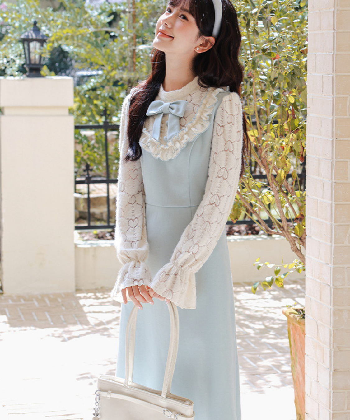 フリルリボンレーススリーブワンピース