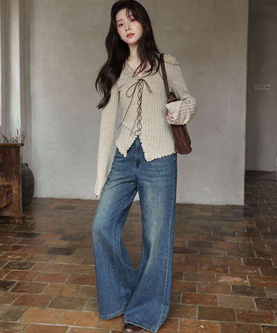 フロントレースアップリブメロウカットソー