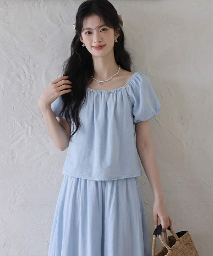 【極美品】JUN&ROPE フロントロゴパフスリーブ長袖プルオーバー 水色 2WAYネックパフスリーブブラウス＋フレアロングスカート 2点セット