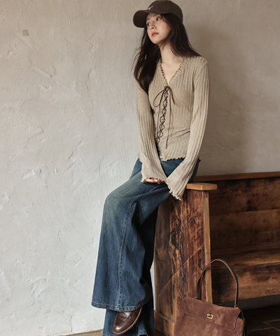 フロントレースアップリブメロウカットソー