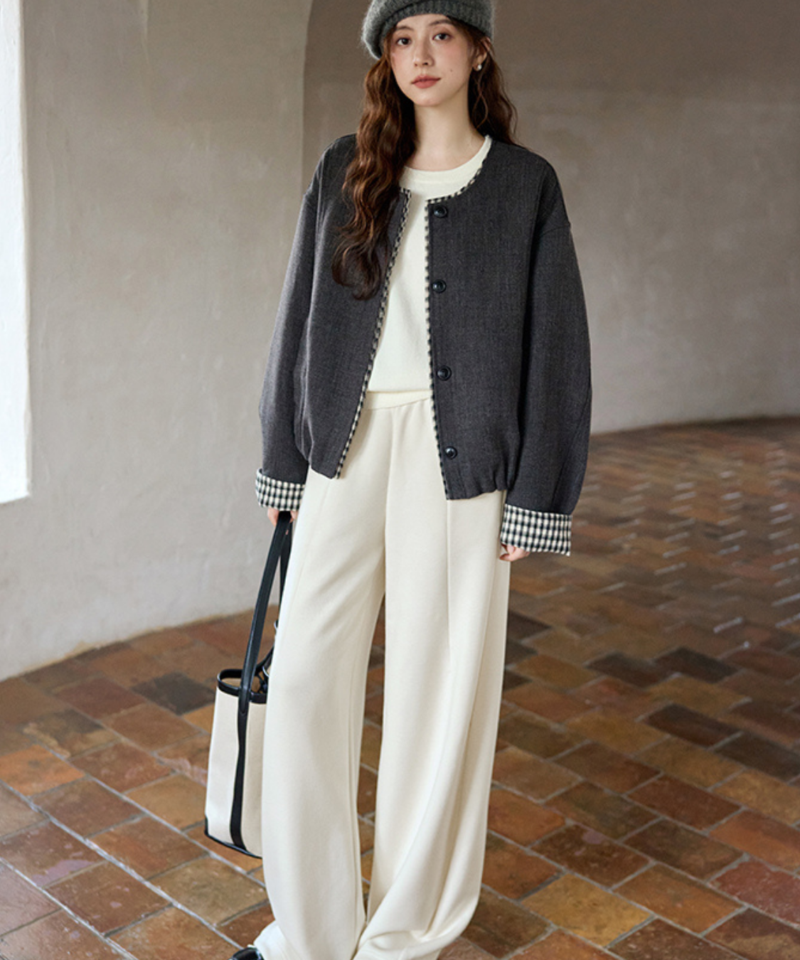 ギンガム切替ノーカラーショートジャケット