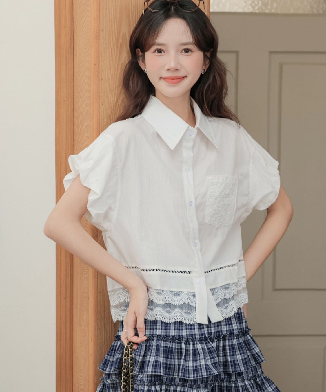 レース切り替えシャツカラーブラウス