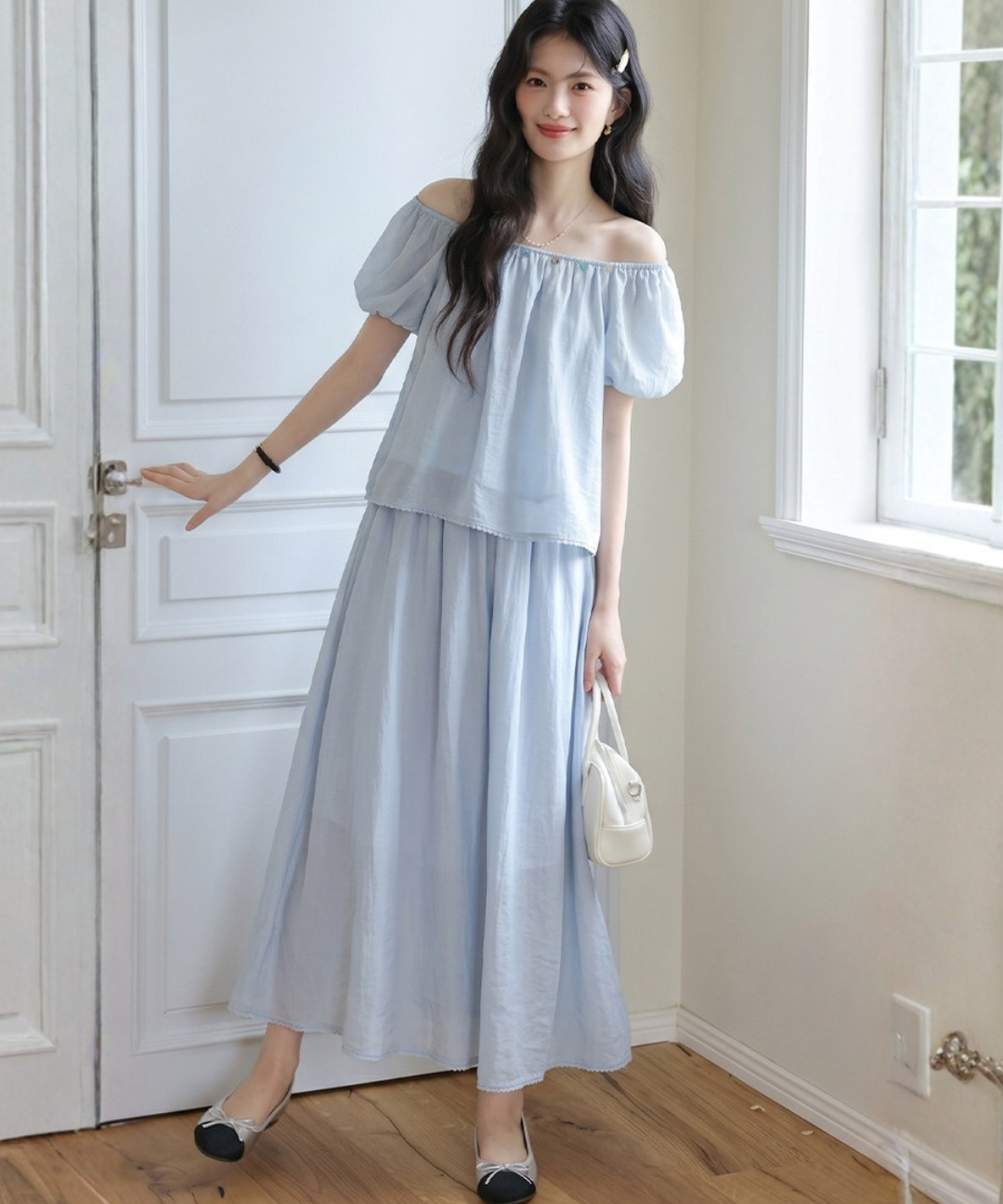 美品♡2点セット(ヒートエフェクトドレス＋パフスリーブブラウス) 2WAYネックパフスリーブブラウス＋フレアロングスカート 2点セット