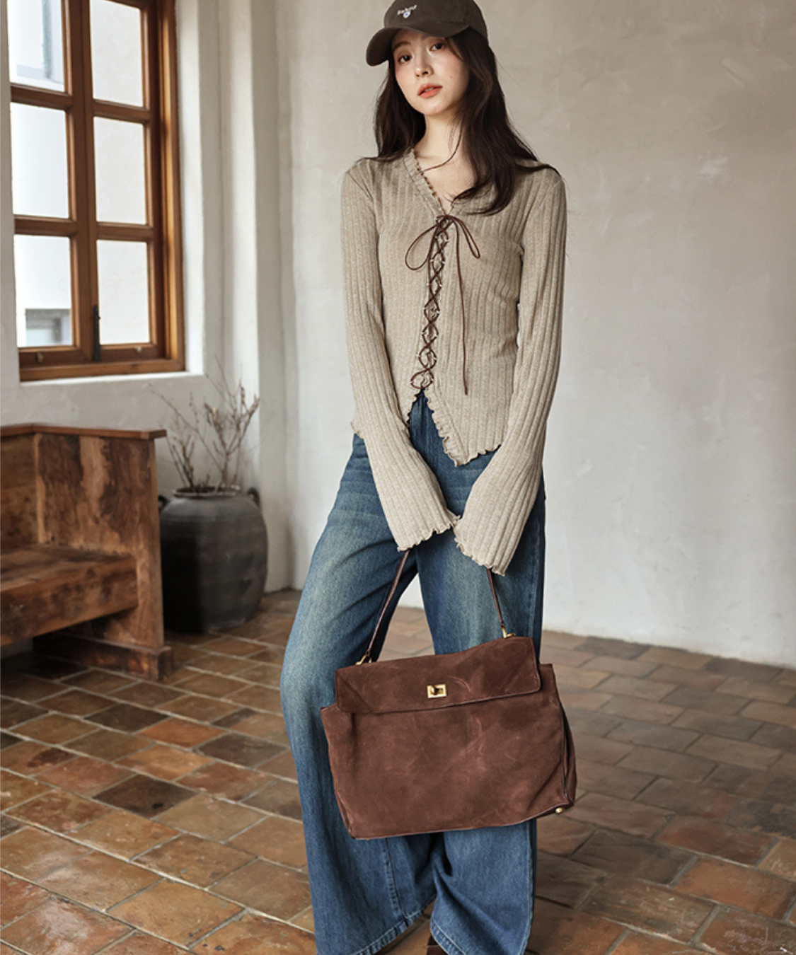 フロントレースアップリブメロウカットソー