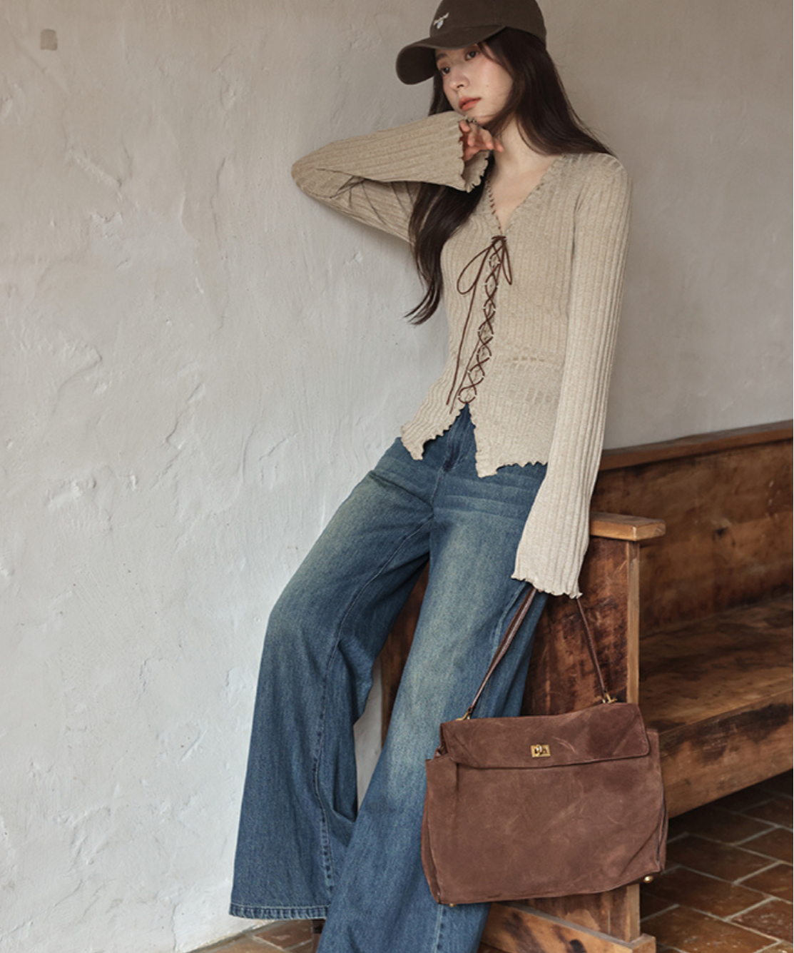 フロントレースアップリブメロウカットソー