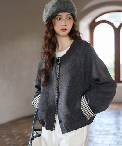 ギンガム切替ノーカラーショートジャケット