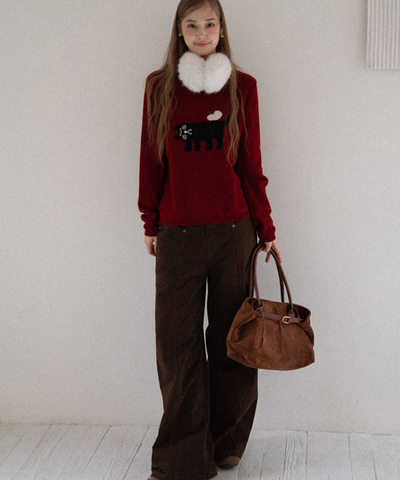 クルーネック黒猫デザインニット