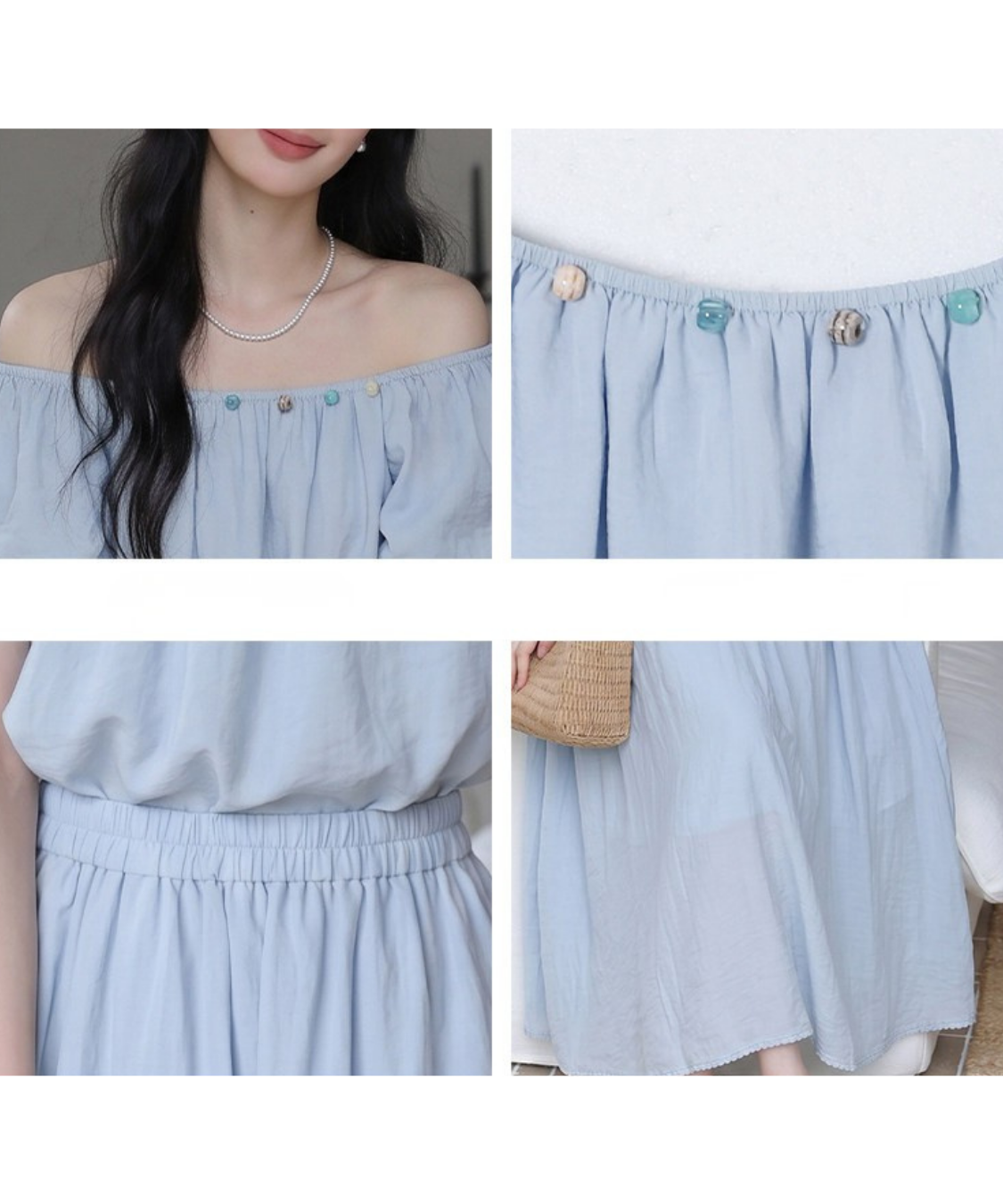 美品♡2点セット(ヒートエフェクトドレス＋パフスリーブブラウス) 2WAYネックパフスリーブブラウス＋フレアロングスカート 2点セット