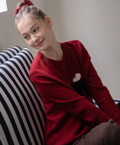 クルーネック黒猫デザインニット