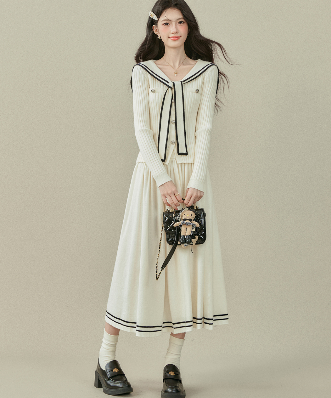 リボンタイ付きセーラーカラーニットトップス＋Wラインスカート 2点セット