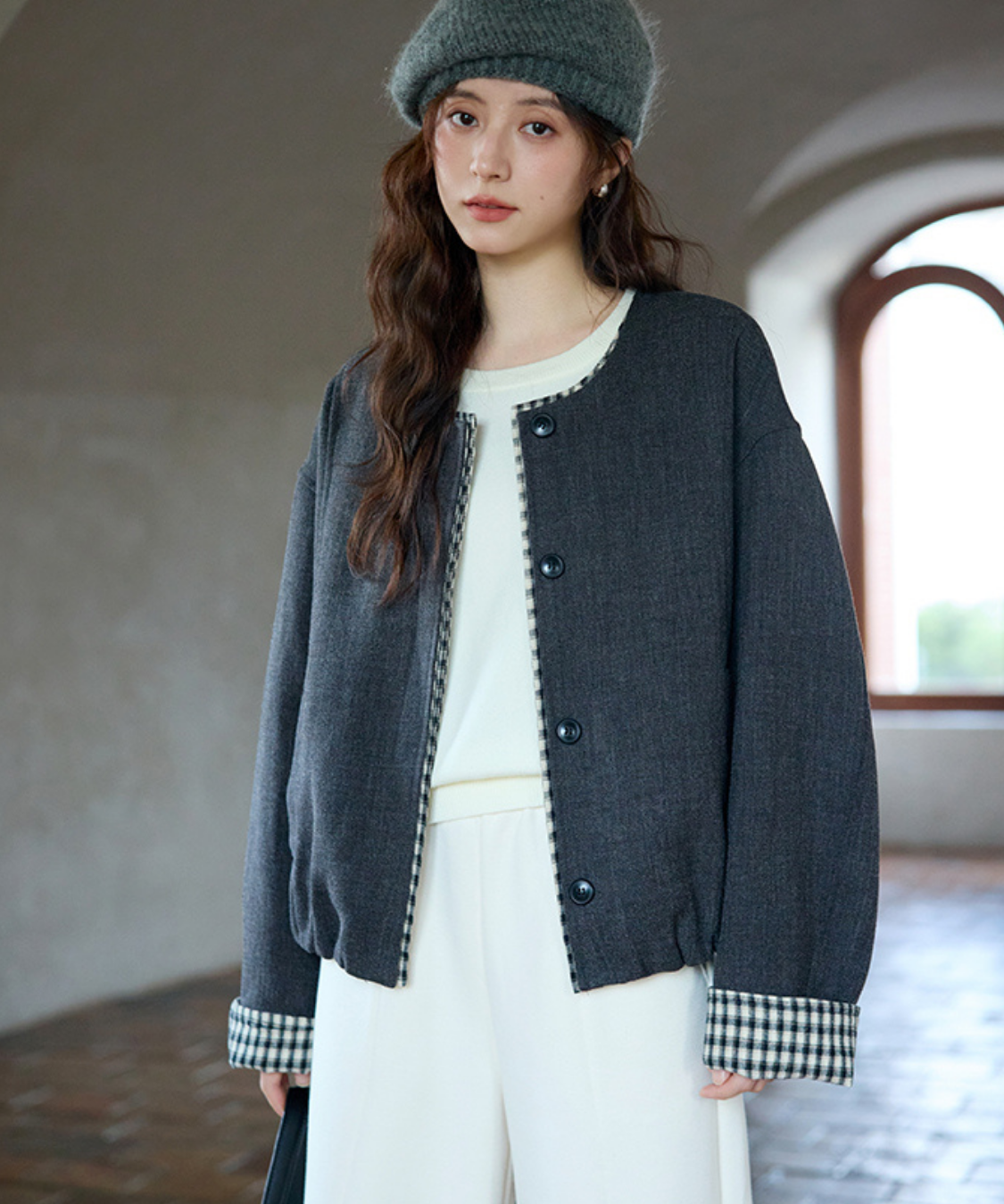 ギンガム切替ノーカラーショートジャケット