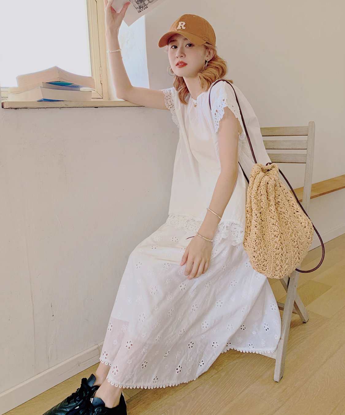 花柄パンチング刺繍ミモレスカート