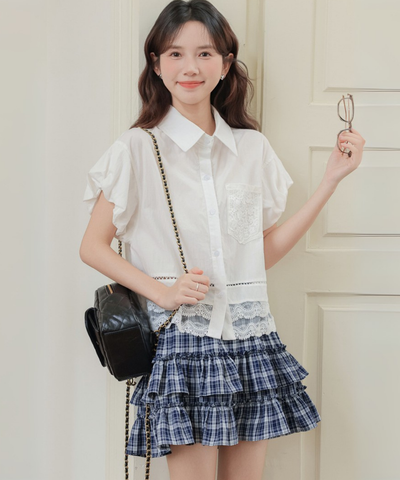 レース切り替えシャツカラーブラウス