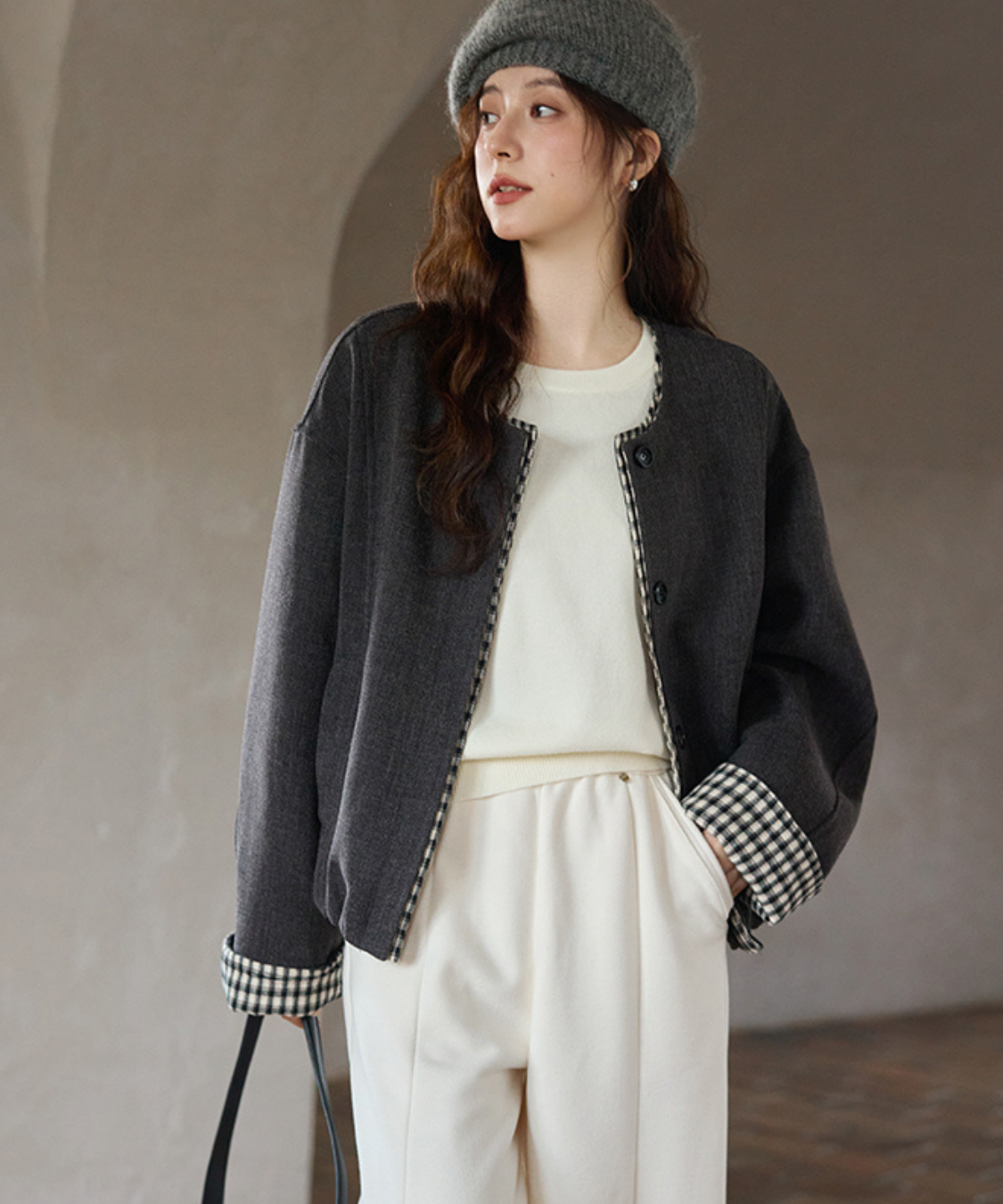 ギンガム切替ノーカラーショートジャケット